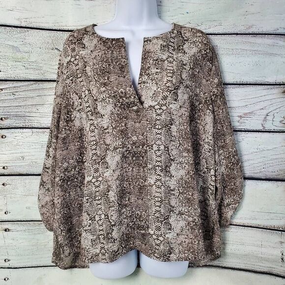 DR2 by Daniel Rainn Women’s XL Snake Print Blouse Brown Beige V-Neck Tunic Top - Picture 1 of 7